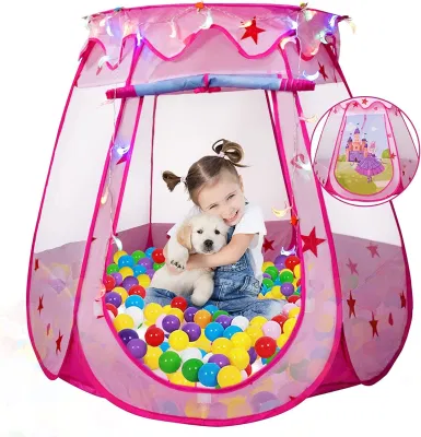 Tenda pop-up infantil com luz estrelada e clipe, tenda de brincar pequena para meninas rosa princesa interna e externa