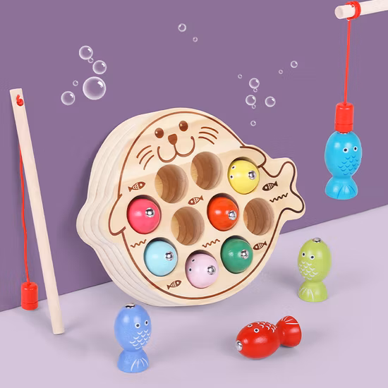 Brinquedo magnético de jogo de pesca de madeira para crianças